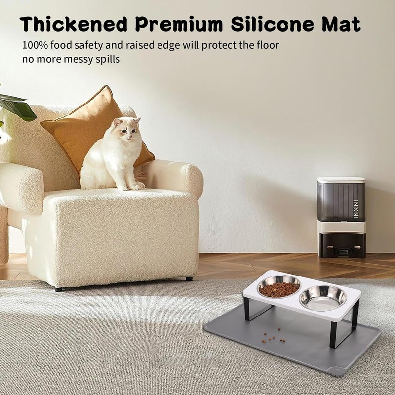 Summark Upgraded Elevated Cat Bowls with Food Mat,15°Tilted Stand Anti Vomiting Raised Cat Dishes for Food and Water,2 Stainless Steel Bowls for Cats and Puppy（White） - Image 3